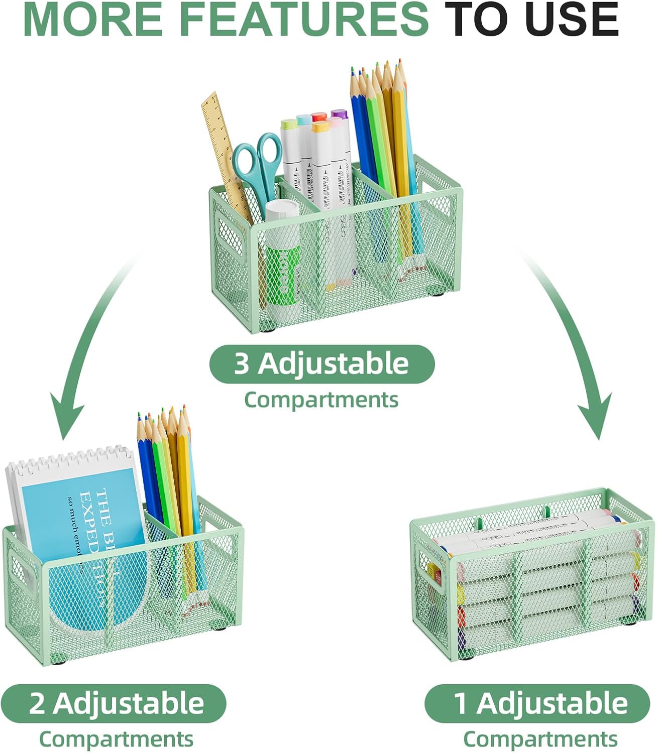 Marbrasse Mesh Pen Holder for Desk,Pencil Holder Desk Organizer 3 Adjustable Compartments,Pencil Cup with Handle Perfect for Classroom, Office, Home,Makeup,Art (Black)