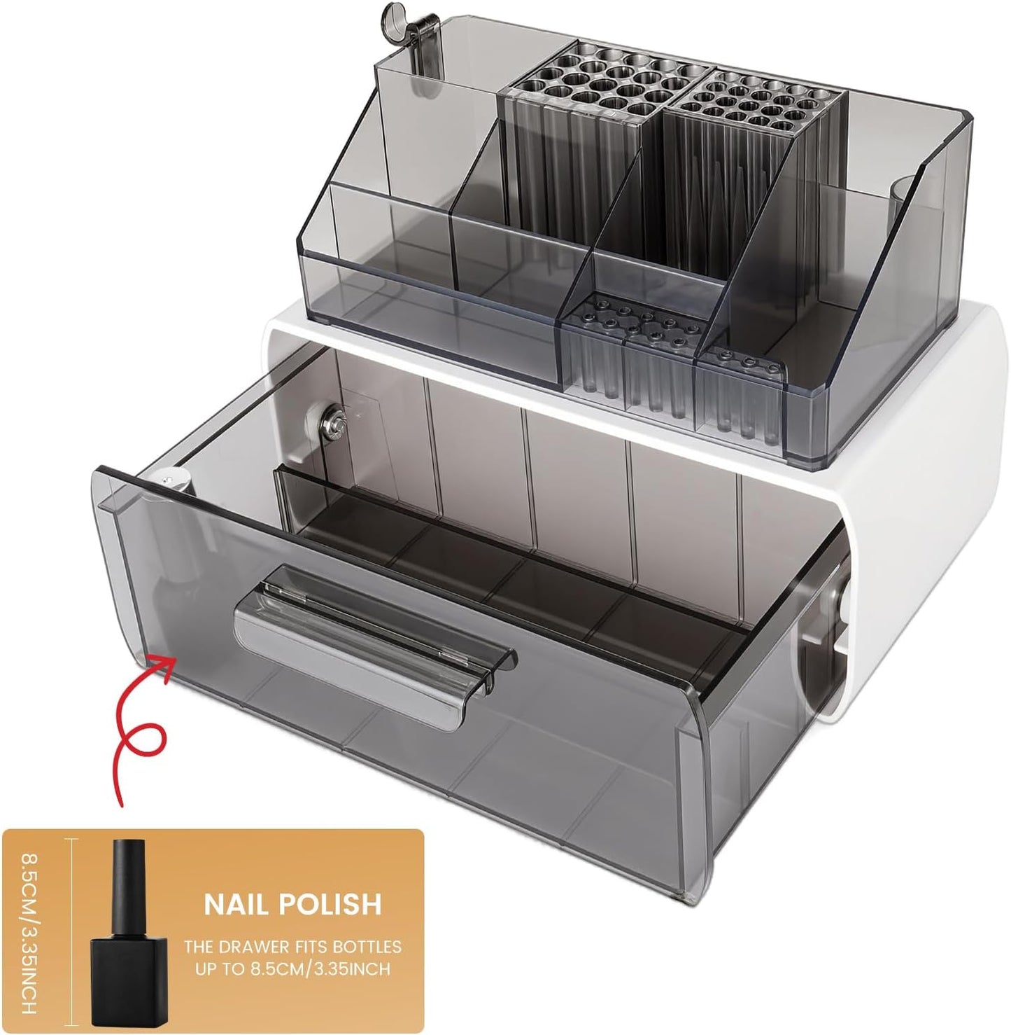 Wilfniee Nail Tech Desk Organizer Case: 2 Layers Nail Tech Organizers with Nail Polish Storage Drawer- 53 Holes Nail Drill Bits & Nail Brushes Pens Holder for Manicure Nail Supplies (Clear)