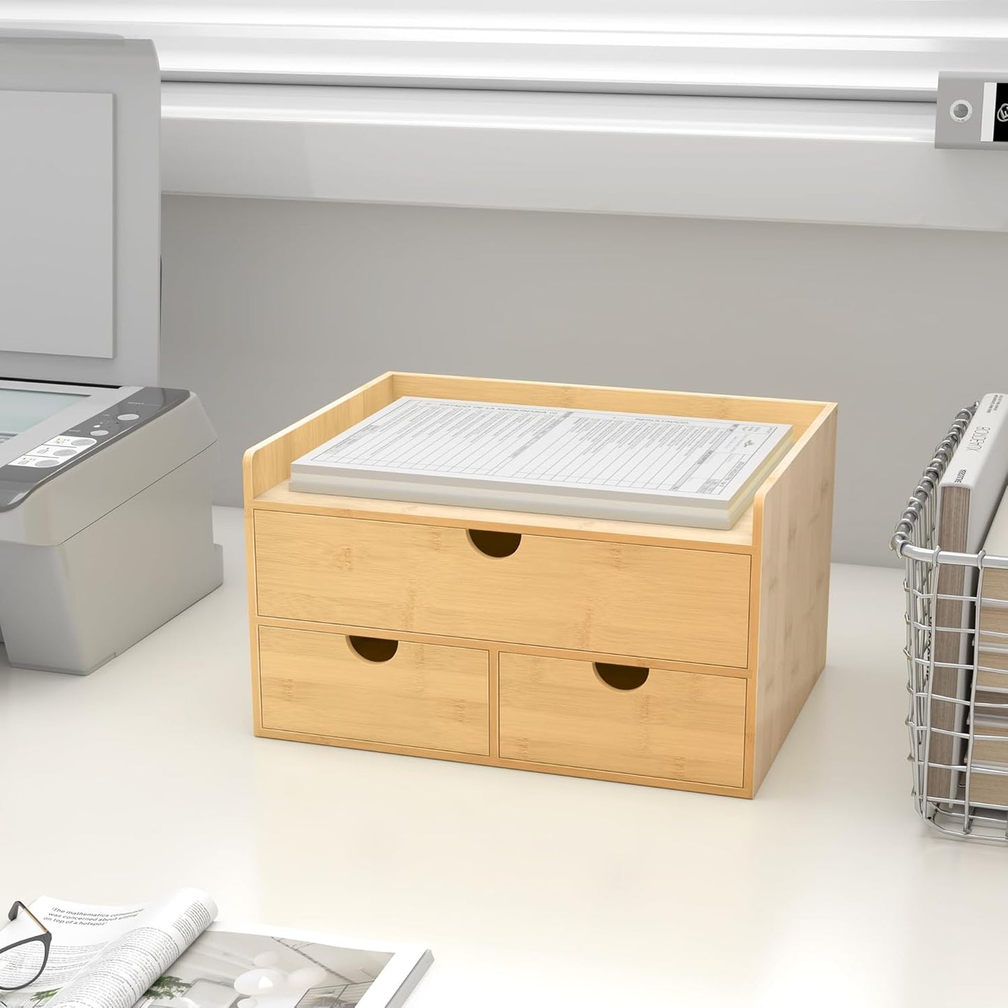 Wisuce Bamboo Desk Drawer Organizer, 3 Drawer Desktop Organizer with Drawers Tabletop Storage Organization Box for Office Home Toiletries Supplies Vanity, No Assembly Required