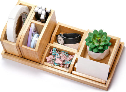 Cididu Bamboo Desk Vanity Tray, 7 Pieces Adjustable Pen Holder Stationery Caddy, Bathroom Vanity Organizer Set, Sturdy Countertop Tray Storage Boxes Office Supplies for Makeup Small Items Home Kitchen