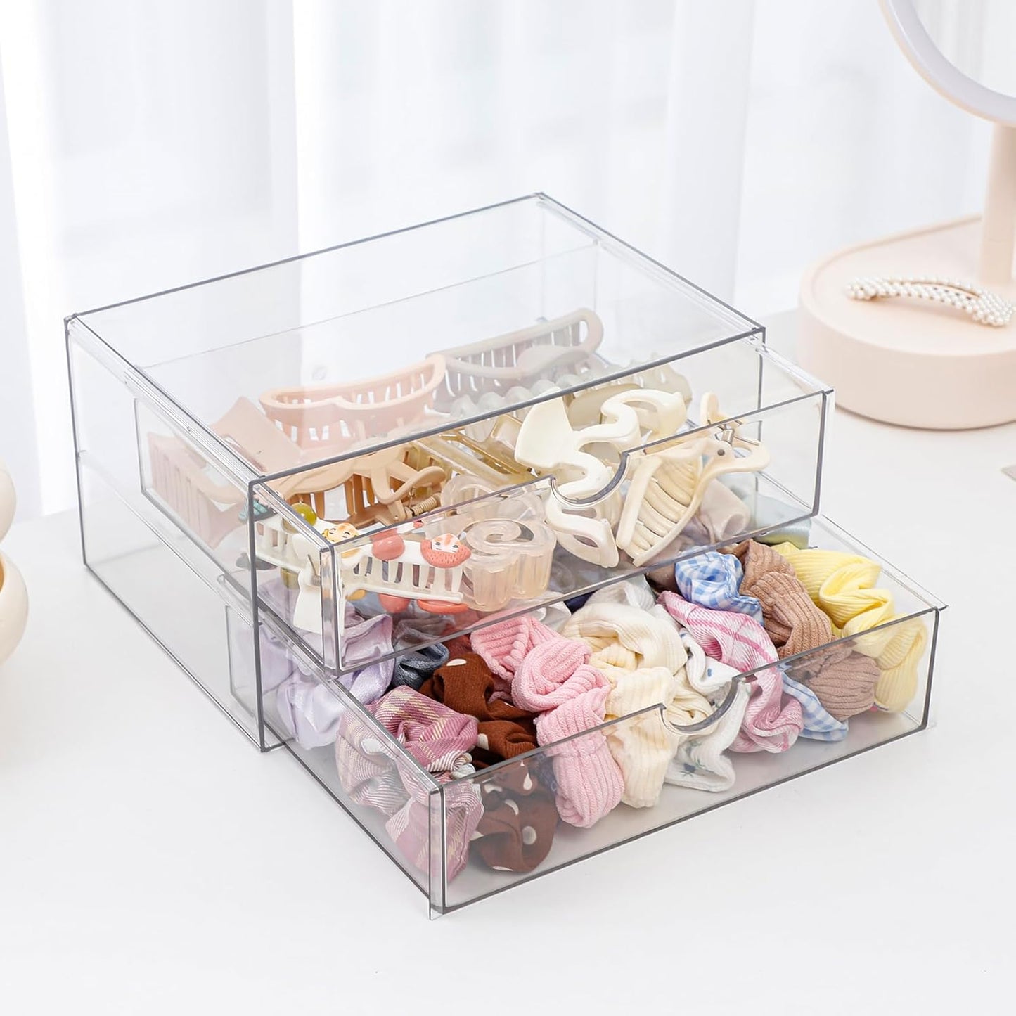 Clear Desk Organizers and Accessories, Plastic Drawer Organizer for Home Office Supplies, Marker Pen, Notebooks, Art Crafts, Stackable Makeup Storage Box for Bathroom Vanity (4 Drawers)