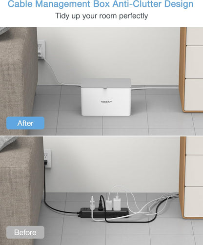 TESSAN Power Strip with Cable Management Box, 5 ft Flat Plug Extension Cord, 4 Outlets 2 USB Ports with Overload Switch, Mountable White Power Cord Organizer Charging Station for Dorm, Office, Home