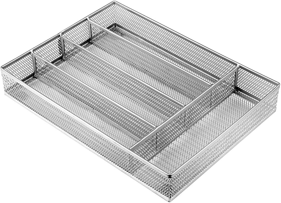 JANE EYRE Utensil Drawer Organizer, Cutlery Tray Silverware Flatware Storage Divider for Kitchen, Mesh Wire with Non-slip Foam Feet, 5 Component, Black
