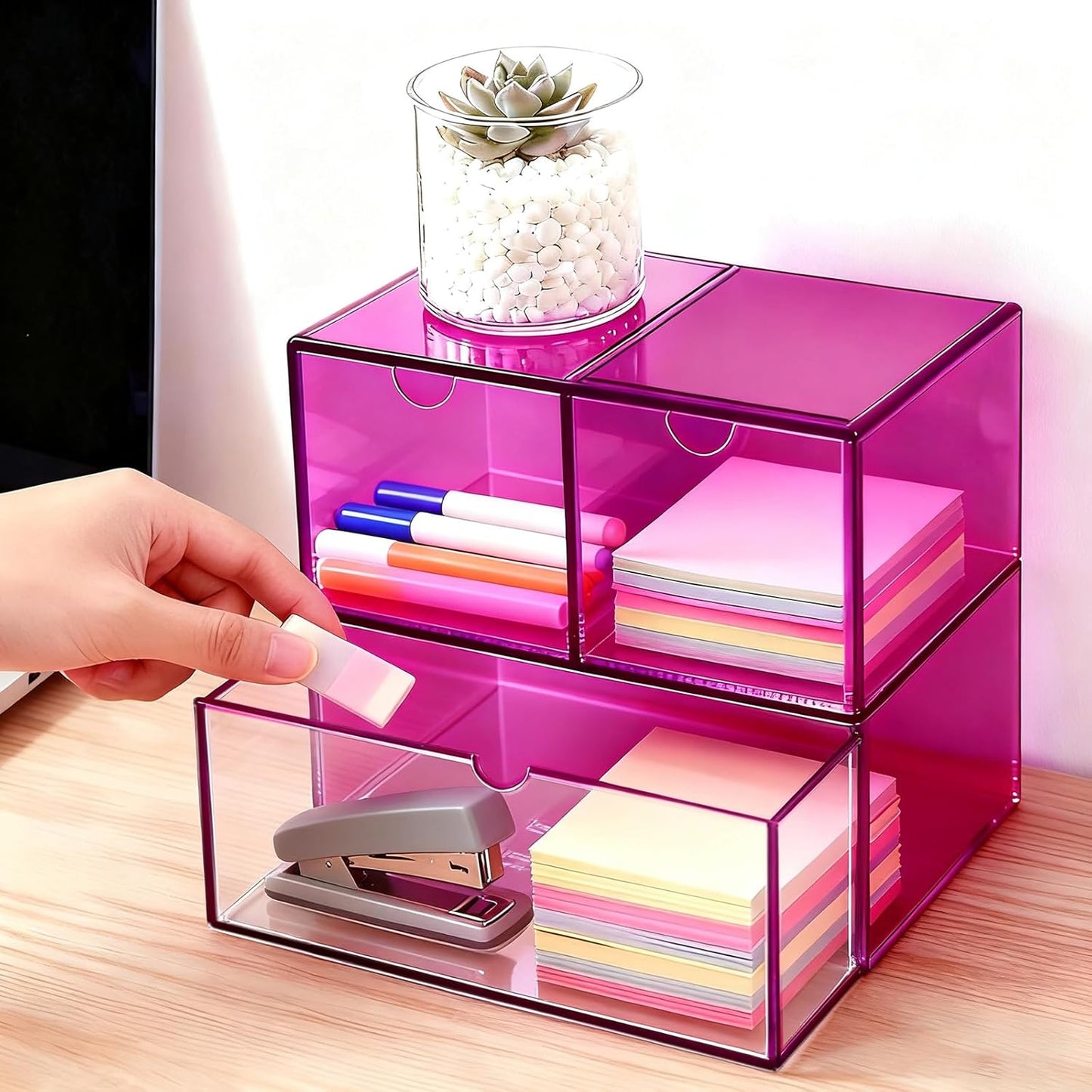 Gelite Desk Organizer with 3 Storage Drawers for Makeup Office Acrylic Desktop Drawer Organizer for Vanity Office Organization and Storage Box, Neon Pink