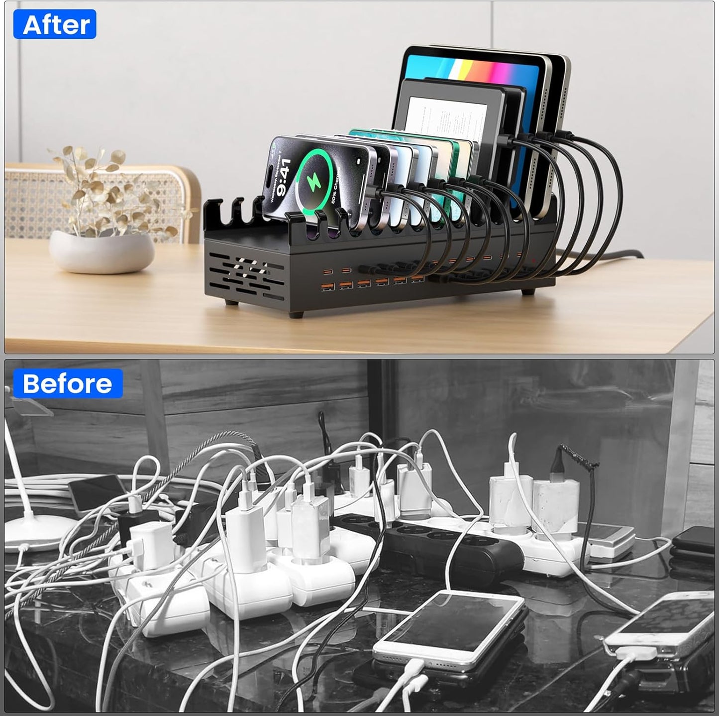 300W USB Charging Station for Multiple Devices, 24 Port USB C Fast Charging Station, Multi Device Charger Station Organizer Compatible with Tablet, Laptop, Cellphone, iPhone, iPad (300, Watts)