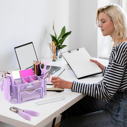17 in1 Silvery Desk Organizers and Accessories Set, 3 Office Desk Supplies Storage Organization, 4 Pens, Stapler, Staples & Remover, Tape & Dispenser, Scissors, Ruler, Clips, Hole Punch Back to School