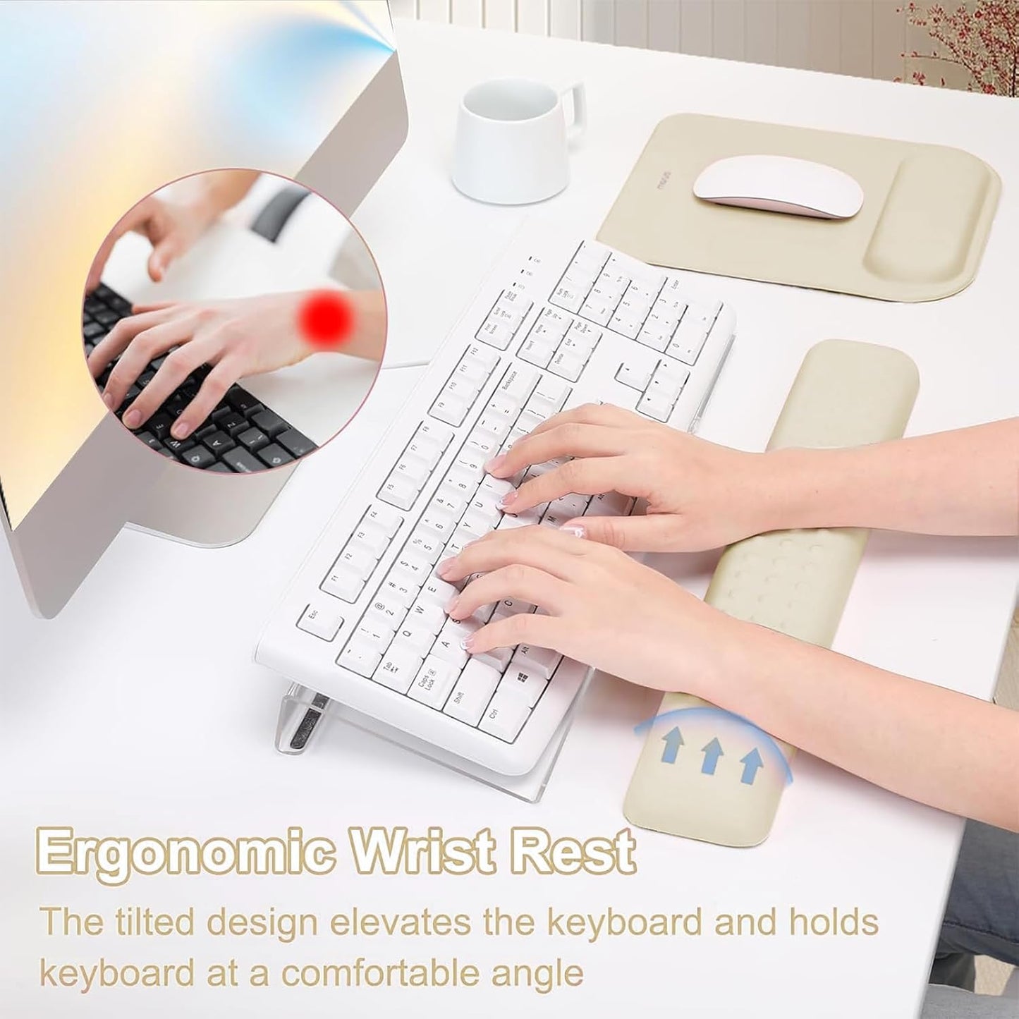 MOSISO Computer Keyboard Stand&Wrist Rest Support for Keyboard &Mouse Pad Set, Ergonomic Massage Wrist Rest Set, Easy Typing Working Acrylic Clear Stand for Office Home, Apricot