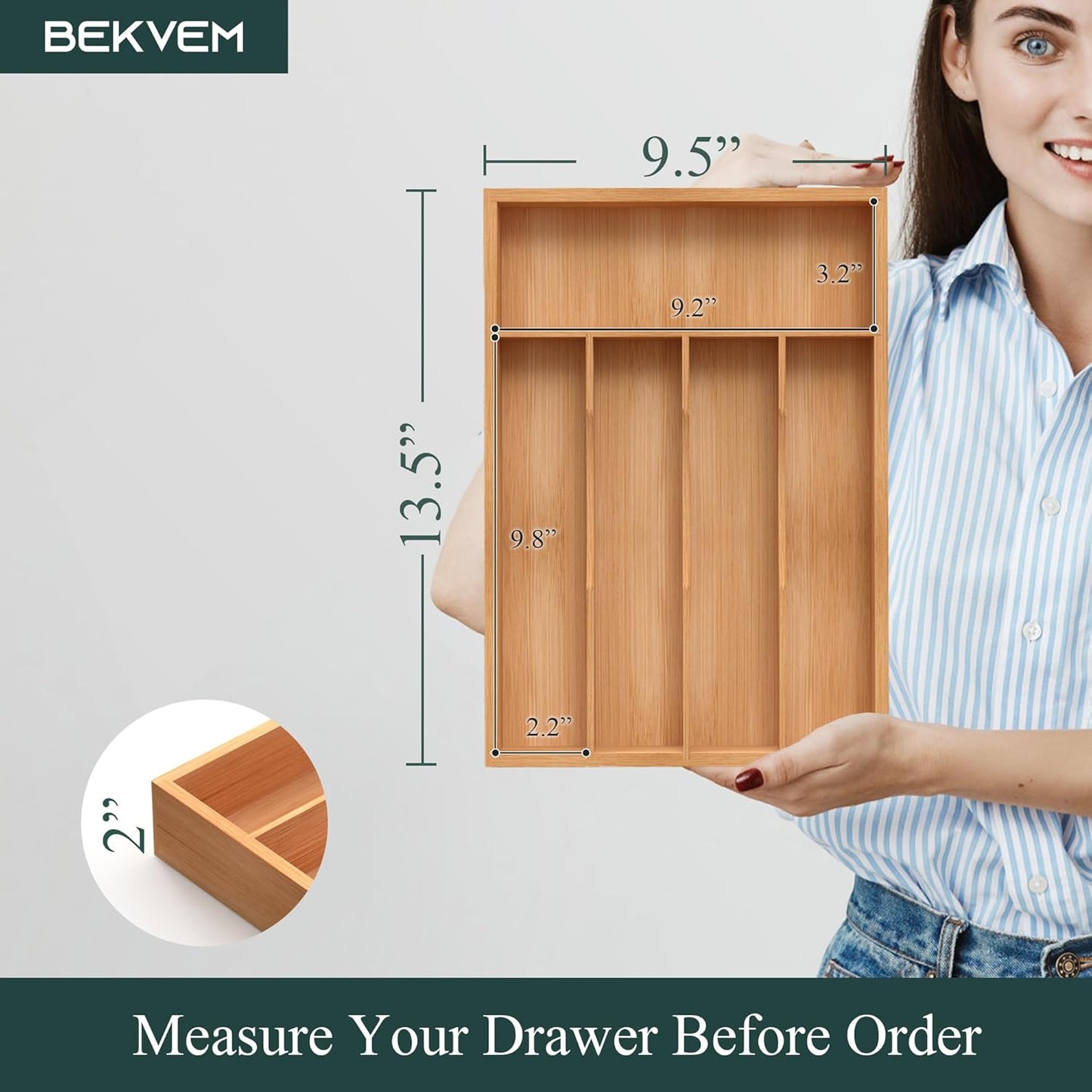 Small Silverware Organizer, Bamboo Kitchen Drawer Organizer, Utensil Holder, Cutlery Tray & Spoon Flatware Storage with Grooved Drawer Dividers (6.7''W x 12''D)