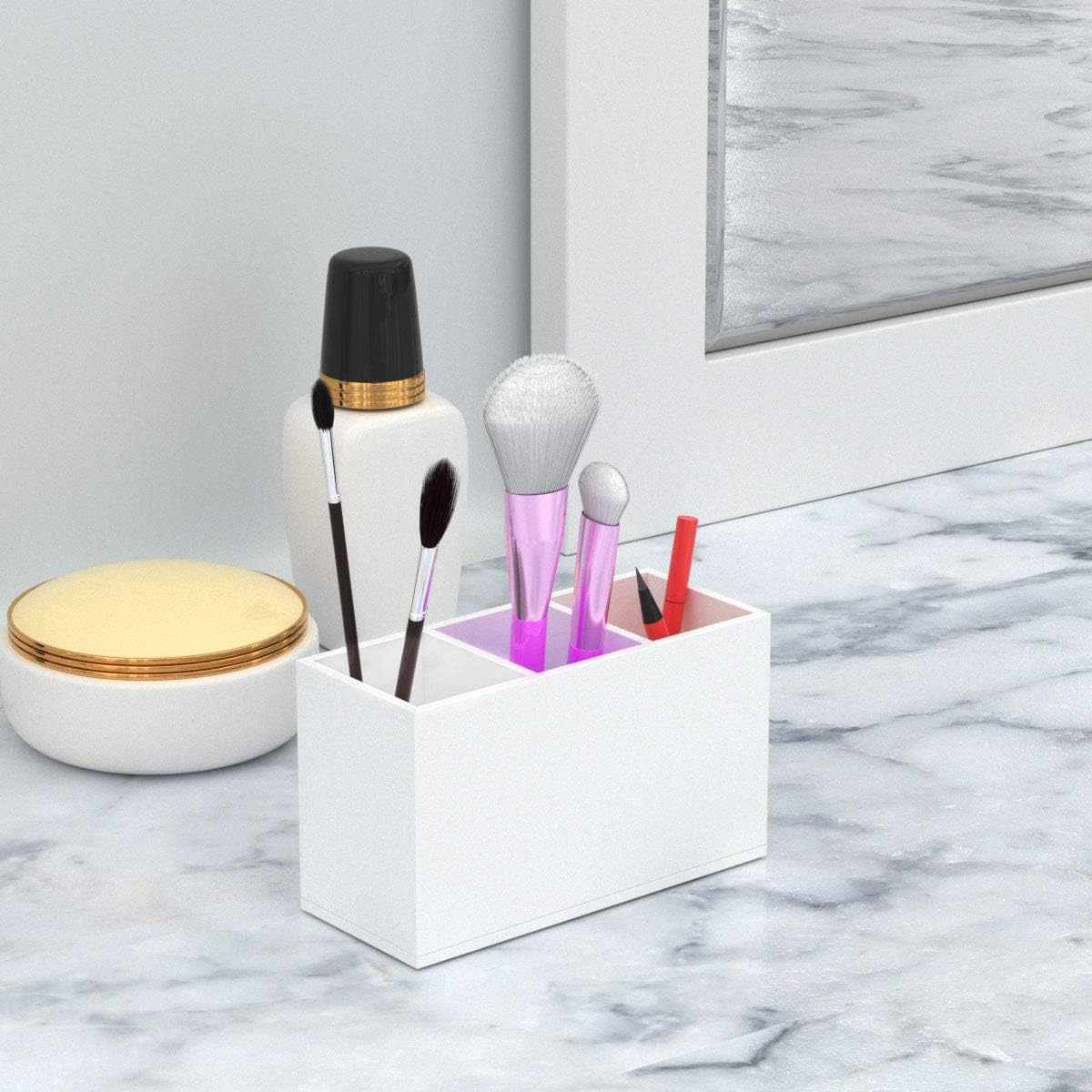 NIUBEE Acrylic Pen Holder 4 Compartments, Clear Pencil Organizer Cup for Countertop Desk Accessory Storage