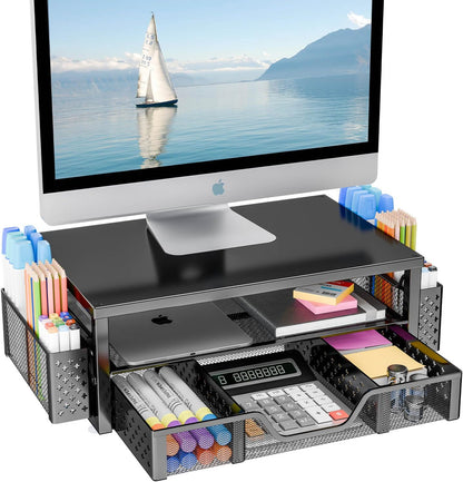 Simple Trending Desk Organizer and Accessories, 2-Tier Computer Monitor Stand Riser with Drawer and 2 Pen Holders for Office Supplies, Black