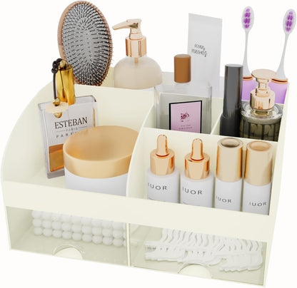 Makeup Organizer with Drawers, Cosmetic Storage for Dresser Vanity and Bathroom Countertop, Beauty Holder for Lipstick Brush, Skincare Organizer for Vanity, Cosmetic Display Case (White)