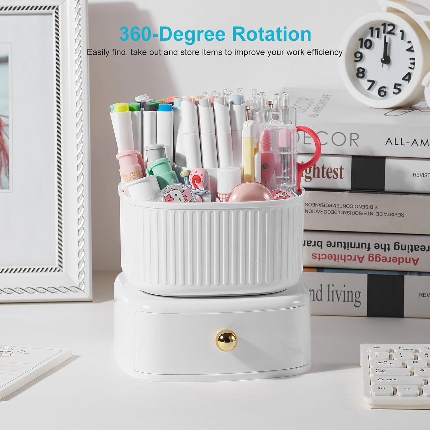 Desk Pencil Pen Holder, 5 Slots 360 Degree Rotating Pencil Pen Organizers for Desk Desktop Storage Stationery Supplies Organizer Cute Pen Cup for Office School Home Art Supply Cream Yellow