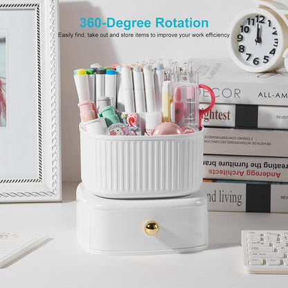 Desk Pencil Pen Holder, 5 Slots 360 Degree Rotating Pencil Pen Organizers for Desk Desktop Storage Stationery Supplies Organizer Cute Pen Cup for Office School Home Art Supply Cream Yellow