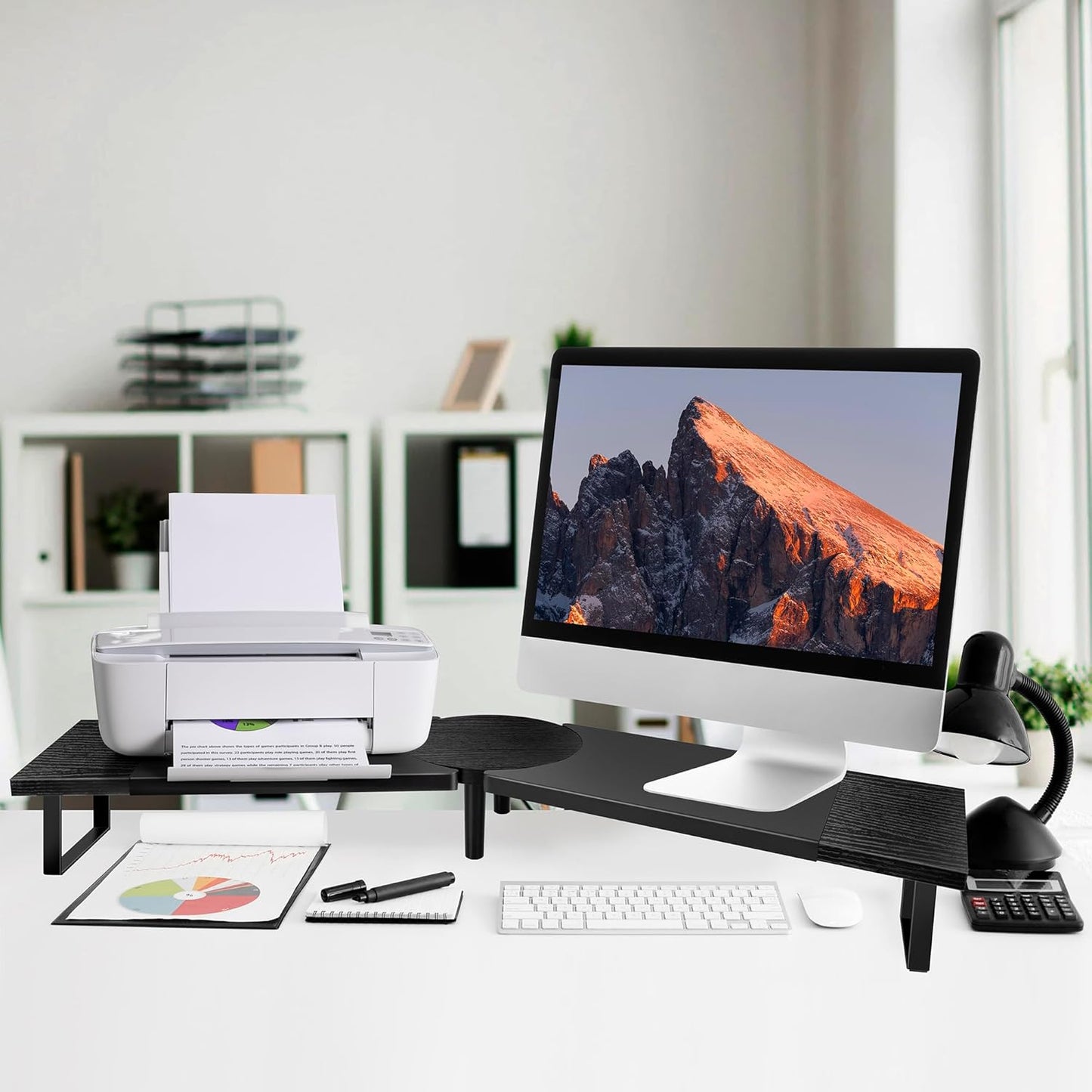 Across-Star Dual-Monitor-Stand-Riser-For-Desk Adjustable Length 32-40 Inch，Large Desktop Computer Monitor Riser For 2 Screens，Desk Shelf Organizer Riser Stand For Computer/Laptop/PC/Printer/TV Black