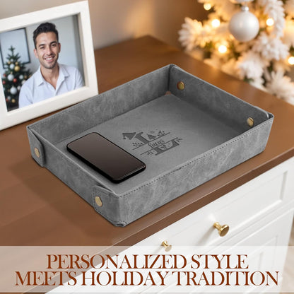 Engraved Leather Valet Tray for Men – Personalized Catchall with Custom Name for Desk, Dresser, Nightstand – Men's Organizer Tray for Keys, Wallet, Jewelry, Personalized Gift for Home, Office - Coffee