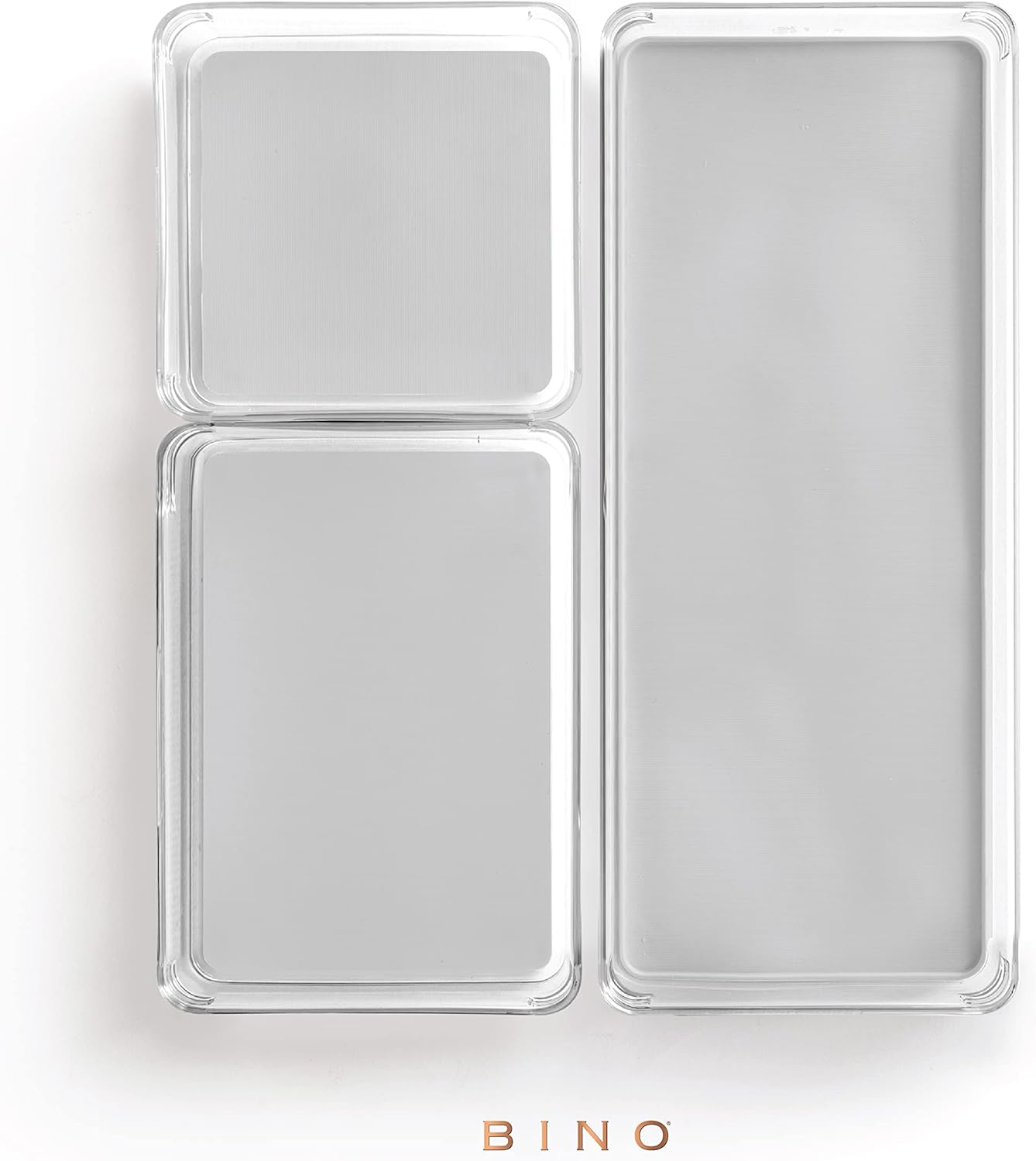 BINO | 4-Piece Drawer Organizer Bin Set - Grey, Small | THE MODULAR+ | Multi-Purpose Storage | Soft-Grip Lining and Non-Slip Rubber Feet | Durable | BPA-Free | Desk Drawer Organizer | Vanity