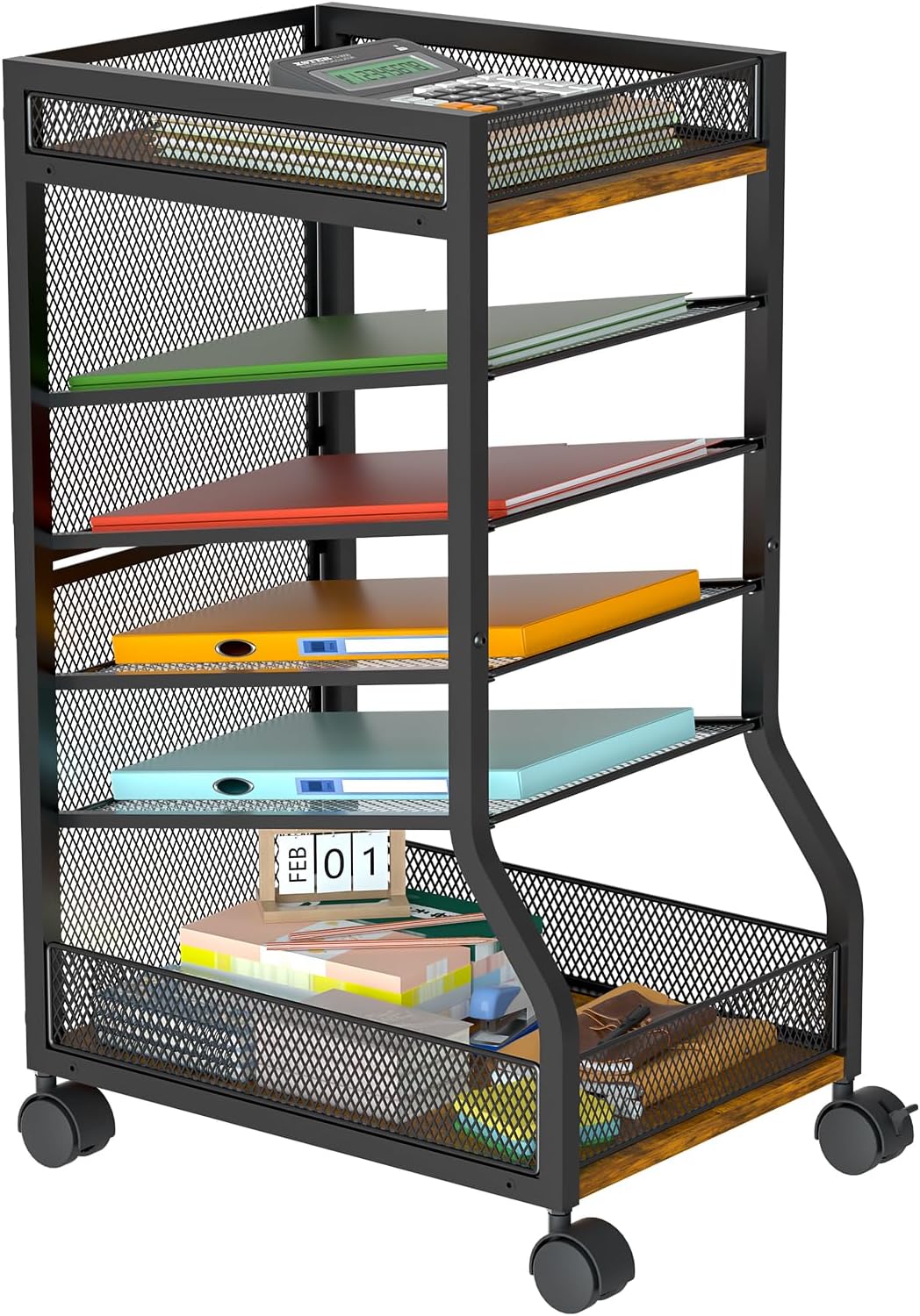 keomaisyto 6-Tier Rolling File Cart with Drawer, Under Desk Storage with Paper Letter Sliding Trays, Standing File Organizer with Wheels, Slim Workspace Organizers for Office/Home/School/Study