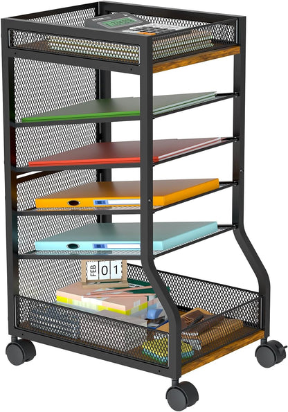keomaisyto 6-Tier Rolling File Cart with Drawer, Under Desk Storage with Paper Letter Sliding Trays, Standing File Organizer with Wheels, Slim Workspace Organizers for Office/Home/School/Study