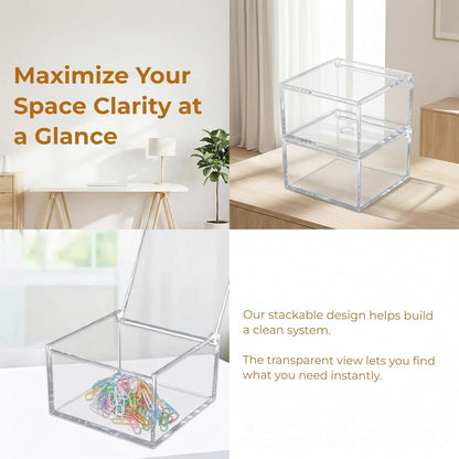 Small Acrylic Box with Lid for Paper Clips Rubber Bands Sticky Notes Hair Ties Clear Plastic Organizer Container for Desk Drawer Office Supplies Bathroom Accessories Clip and Tie Holders