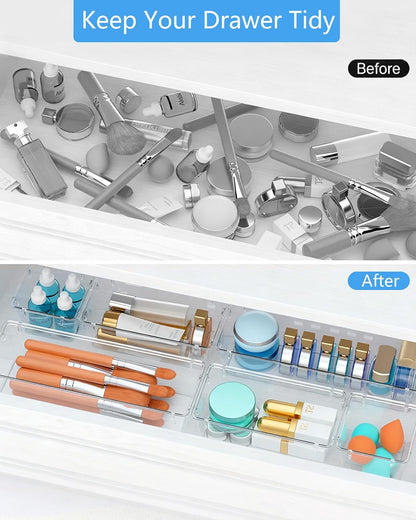 Clear Drawer Organizers Set of 13, 5-Size Vanity Organizer Trays, Stackable Bathroom & Desk Drawer Organizer for Makeup, Jewelry, Kitchen Utensils, Office Supplies and Small Gadgets Storage