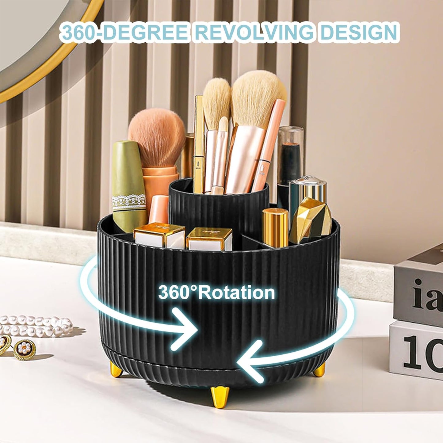 Cayxenful Pencil Holder For Desk,5 Slots 360°Degree Rotating Desk Organizers And Accessories,Desktop Storage Stationery Supplies Organizer, Cute Pencil Cup Pot For Office, School, Home (B-White)