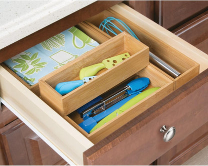 mDesign Slim Wooden Bamboo Drawer Organizer for Office - 12" Long Stackable Storage Box Tray for Desk Drawers/Cabinet - Junk Drawer and Accessories Organization - Echo Collection, 2 Pack, Natural Wood
