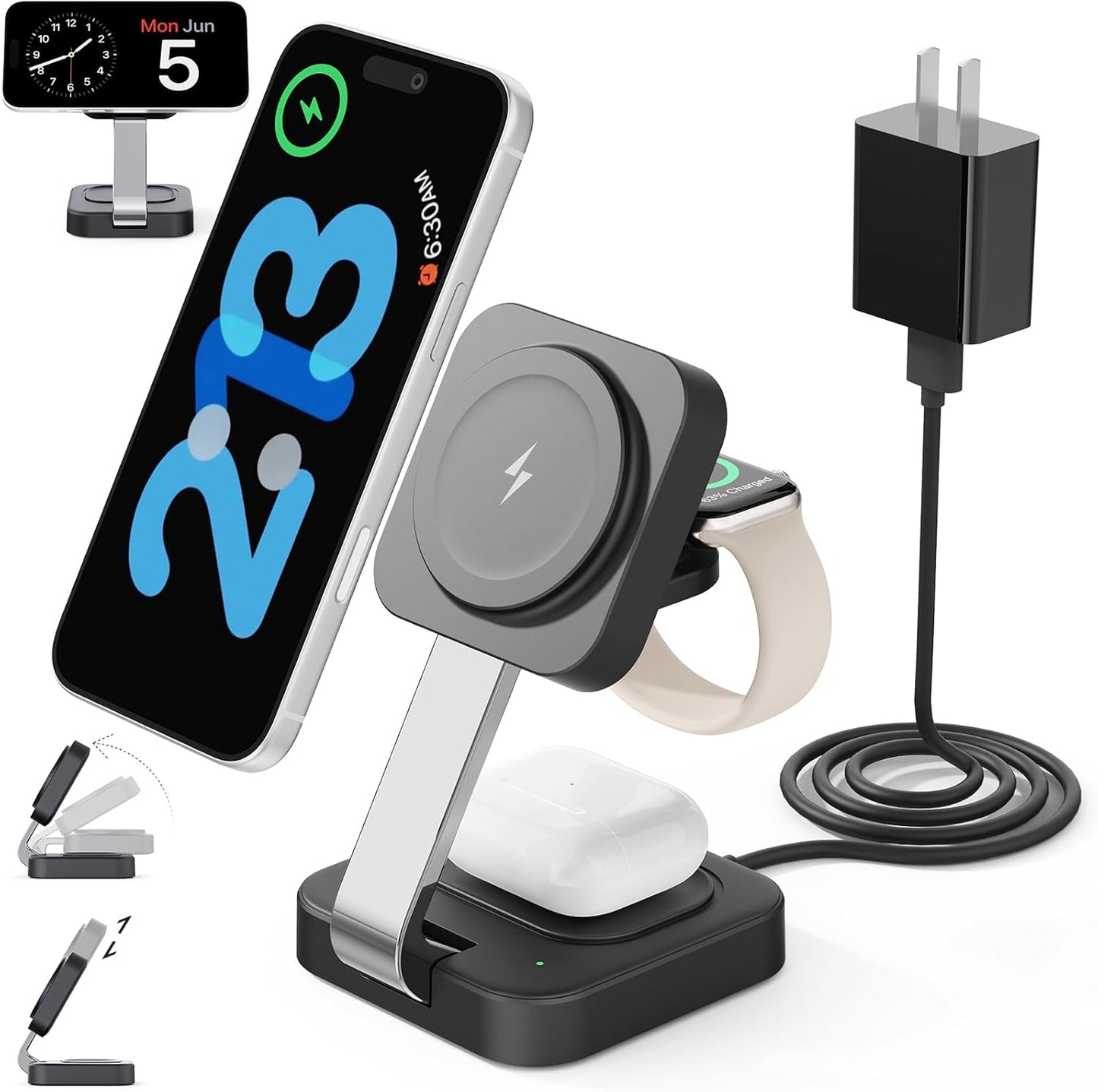 RYND 2026 Traveling Wireless Mag-Safe Fast Charging Station,Magnetic 3 in 1 Charger with iPhone 17 16 15 14 13 12 Pro Max Plus,Apple Watch Series & Air pods 4 3 2 Pro-Gifts for Wife & Husband(White)