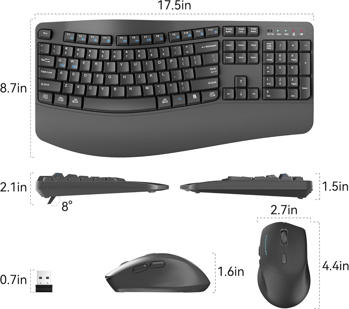 Wireless Keyboard and Mouse Combo,2.4G Full Size Wave Keys Ergonomic Keyboard with Wrist Rest for Natural Typing, 3 DPI Adjustable Ergonomic Silent Mouse for Computer/Laptop/Windows/Mac (Gray)