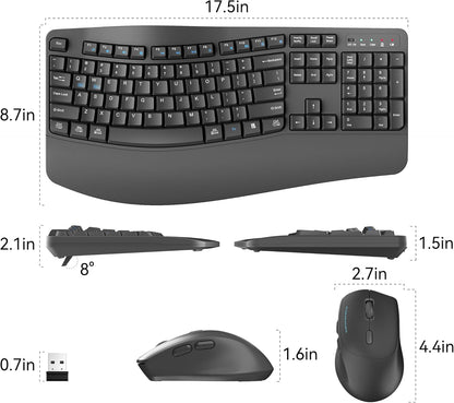 Wireless Keyboard and Mouse Combo,2.4G Full Size Wave Keys Ergonomic Keyboard with Wrist Rest for Natural Typing, 3 DPI Adjustable Ergonomic Silent Mouse for Computer/Laptop/Windows/Mac (Gray)