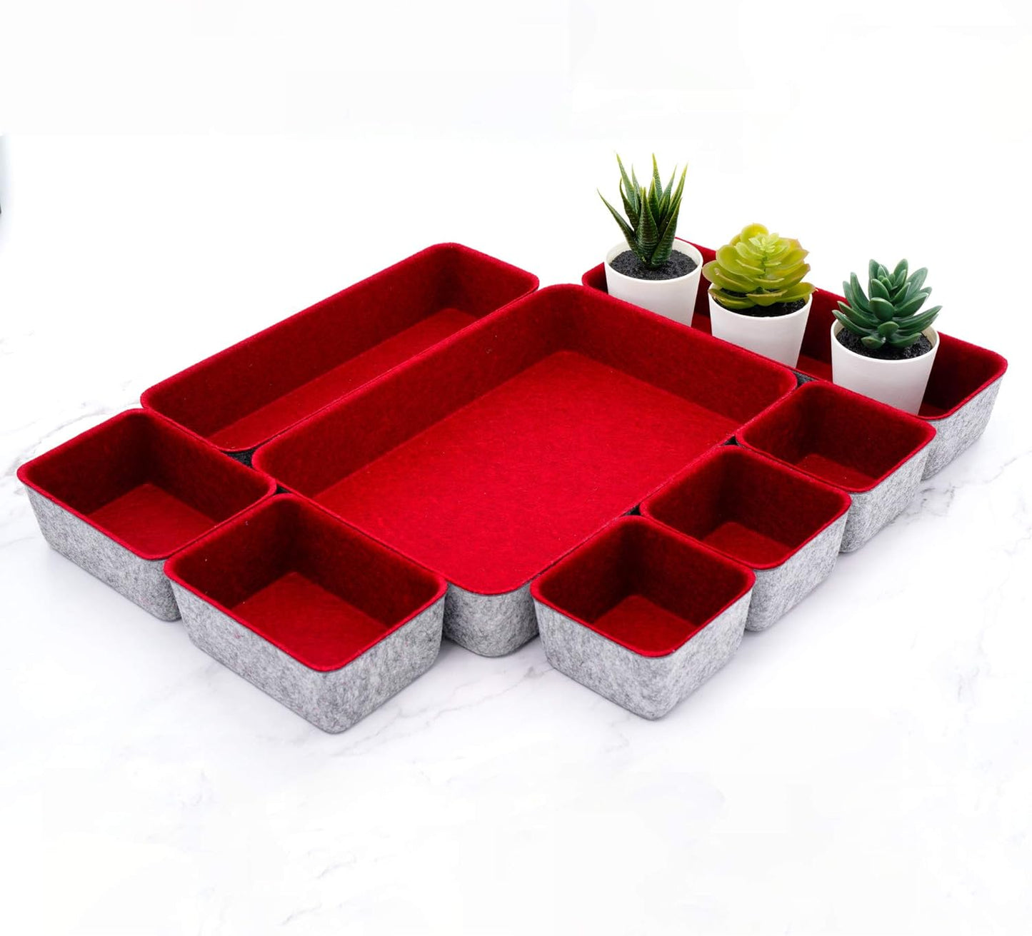 Welaxy Desk Drawer Organizer Tray Set, 8-Piece Office Drawer Organizers for Pens, Makeup, Keys, Crafts, Entryway Catchall, Decluttering Storage (Hot Pink)