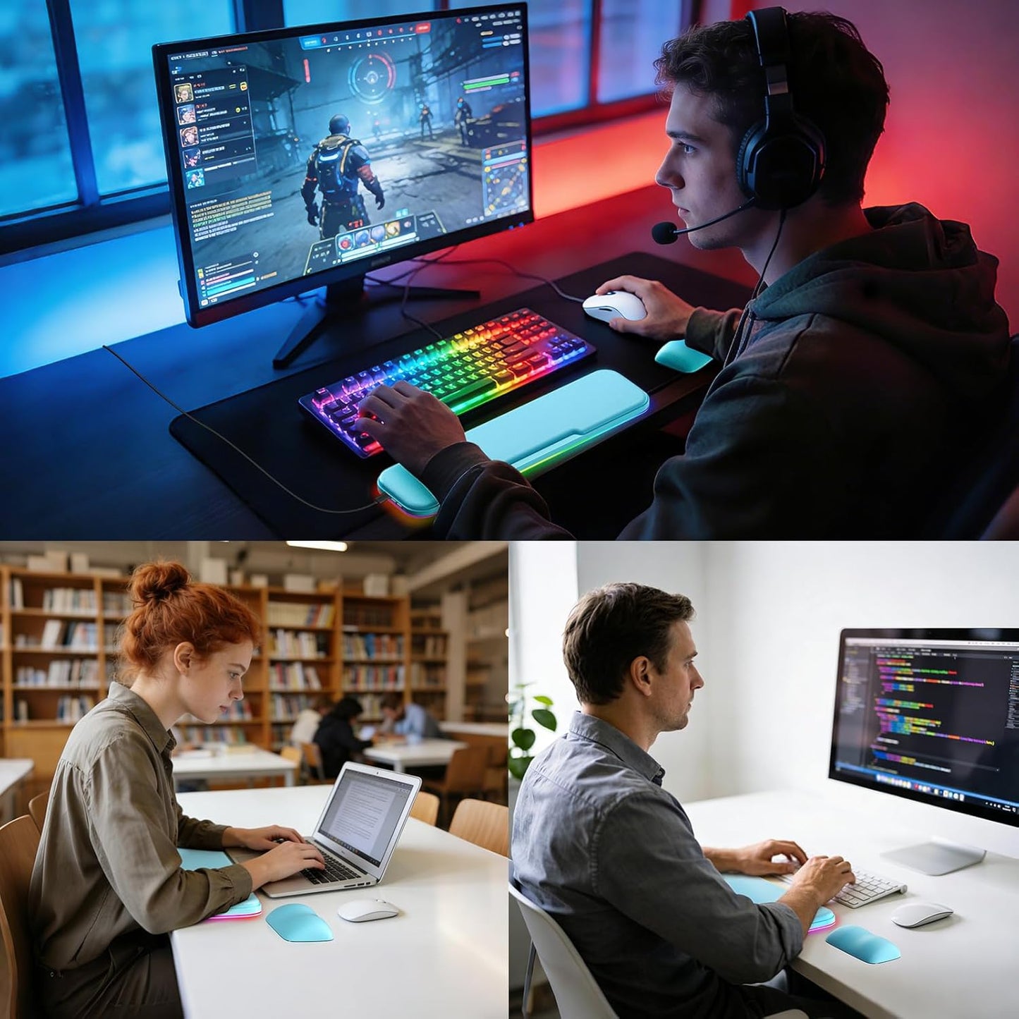 2-in-1 Heated Wrist Rest Set, Ergonomic Memory Wrist Pad with RGB Lights and Non-Slip Base, Keyboard Mouse Wrist Rest for Computer Laptop Office Work and PC Gaming