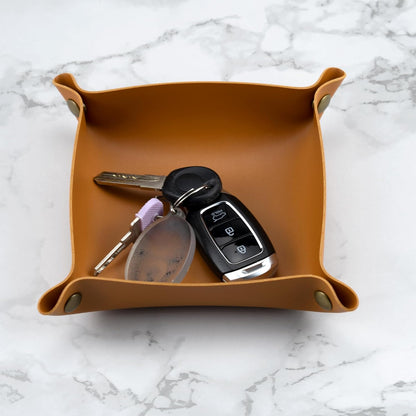 IFAMIO Decorative Foldable Valet Tray Artificial Leather Catchall Holder Small Desk Table Organizer Tray for Jewelry, Keys, Watches, Coins (Orange)