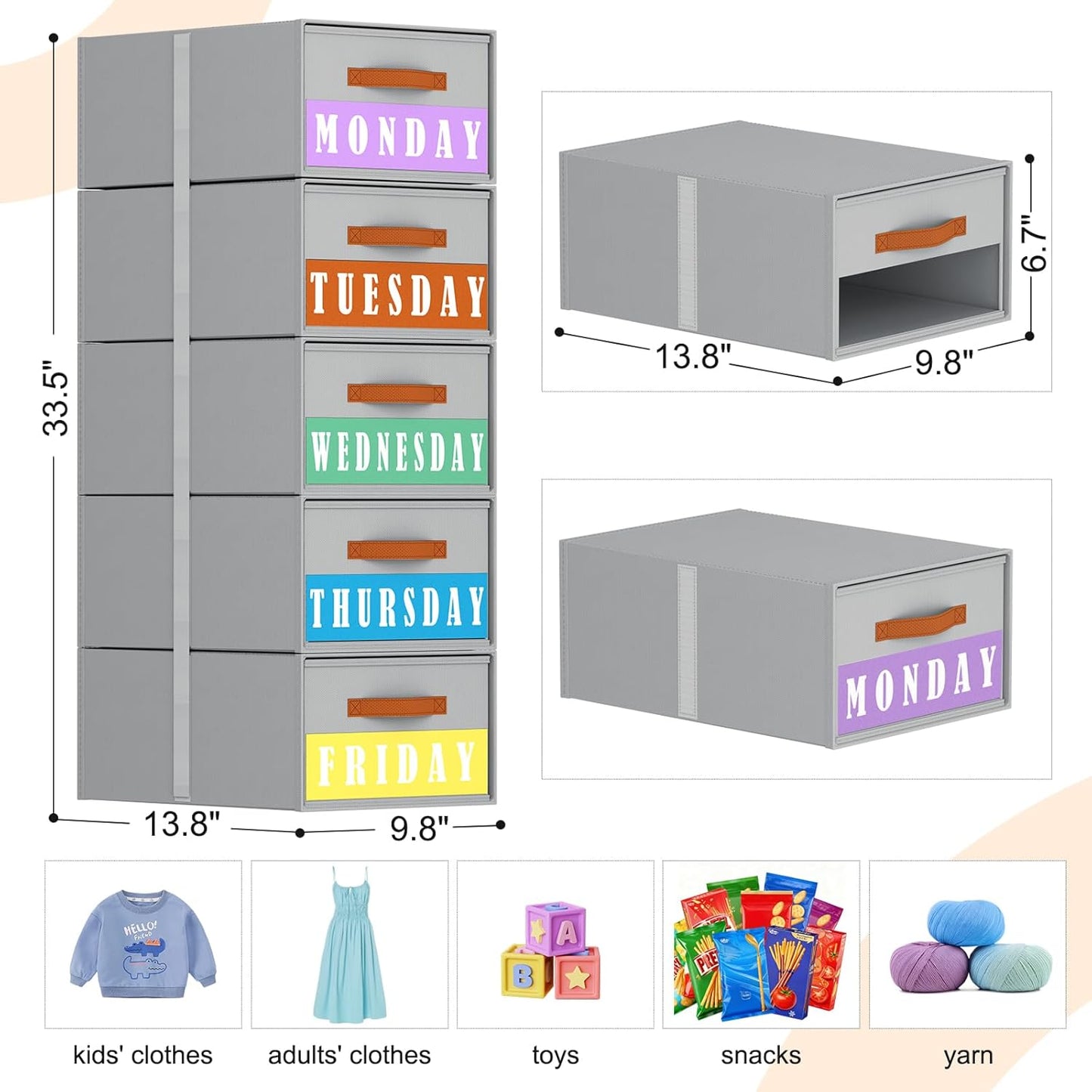 Stackable Storage Drawers - Pull Out Storage Bins with Drawers for Closet Clothes Organizers with Weekly Labels & Clear Window, Closet Shelf Storage for Bedroom, Living Room, 5 Pack, White