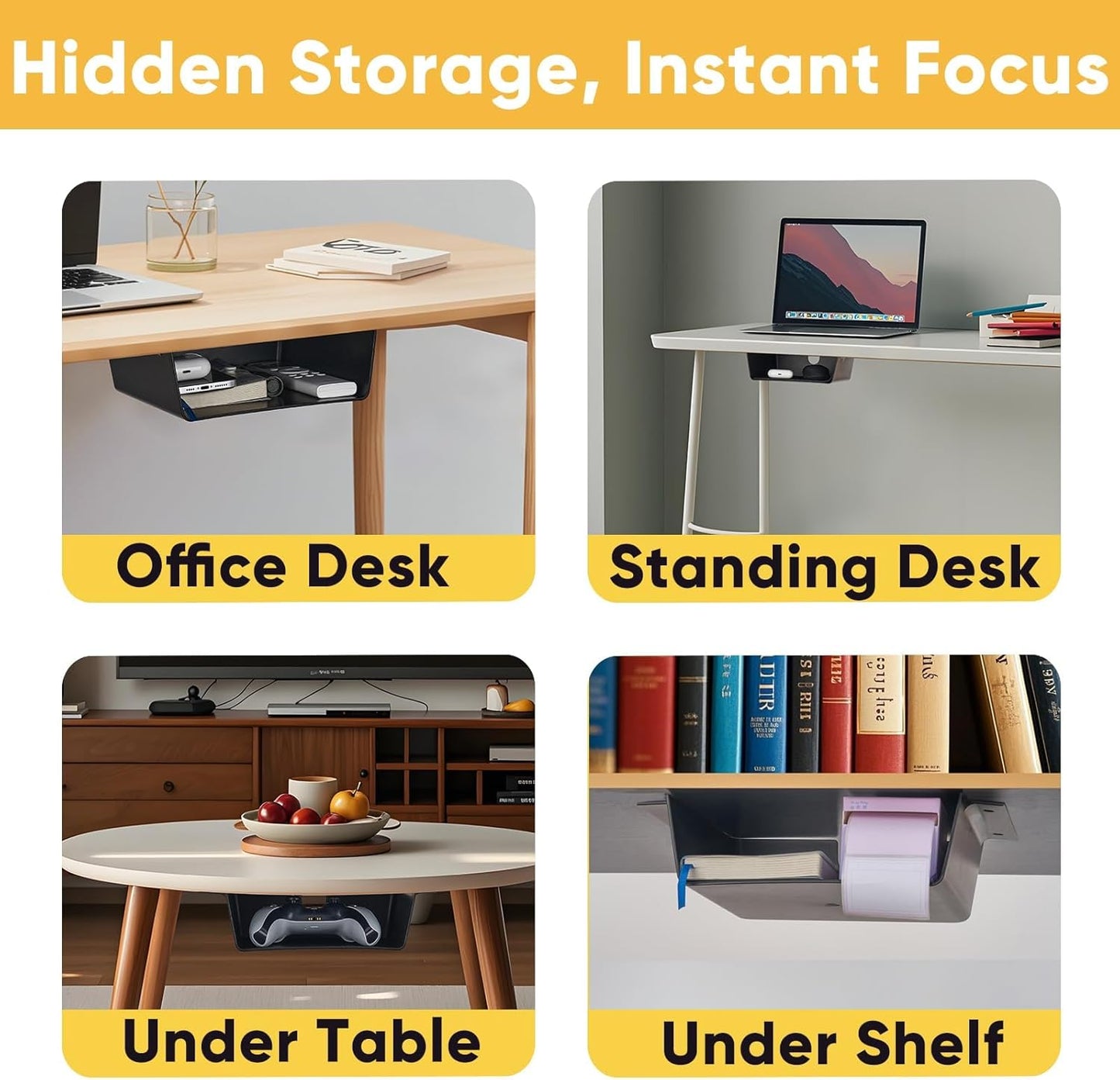 2 Pack Under Desk Hanging Drawer Slide Pull Out, Attachable Clear Acrylic Storage Tray, Easy Hidden Self Adhesive Mount Cabinet Shelf Holder for Tables, Home & Office, Counters, Workstation