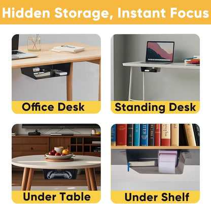 2 Pack Under Desk Hanging Drawer Slide Pull Out, Attachable Clear Acrylic Storage Tray, Easy Hidden Self Adhesive Mount Cabinet Shelf Holder for Tables, Home & Office, Counters, Workstation