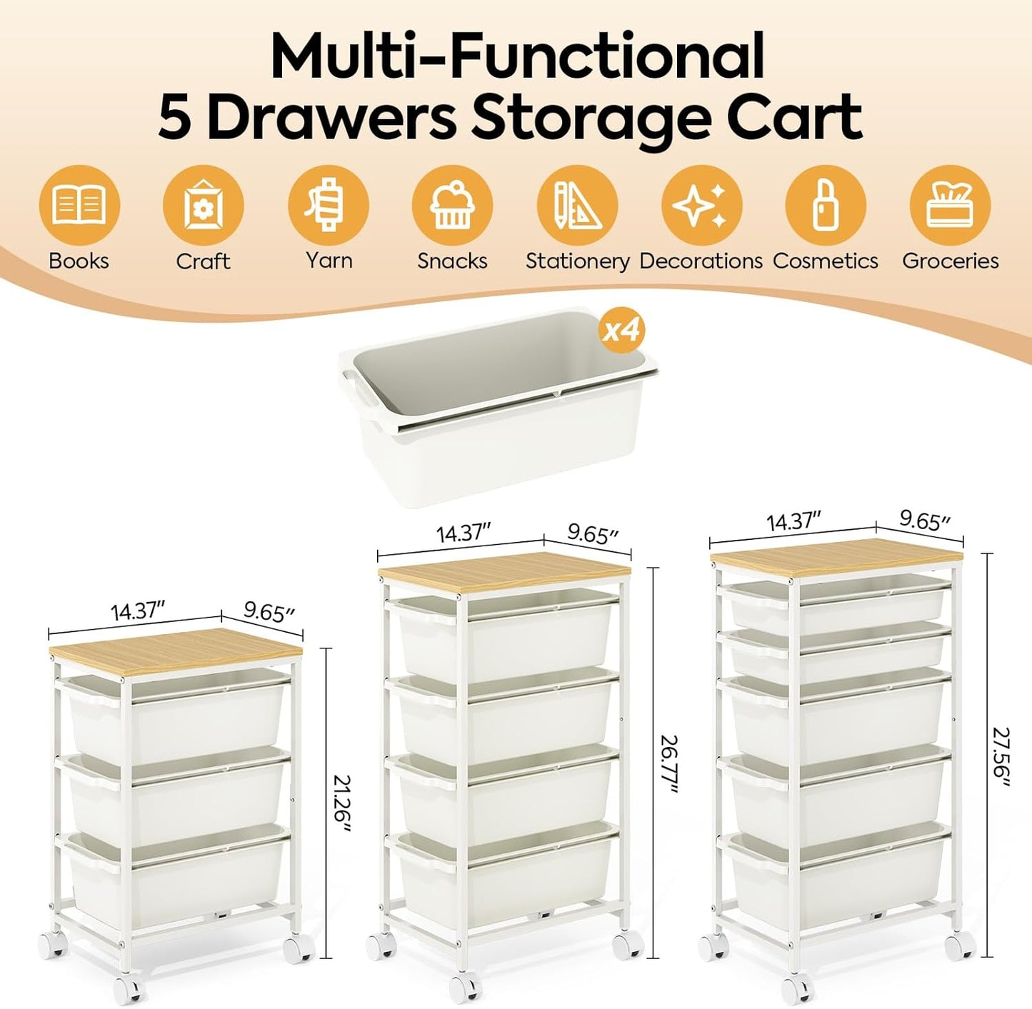 Rolling Storage Cart with 3 Drawers, Craft Organizer, Wooden Tabletop Utility Cart for Bedroom, Children's Room and Office Organization, Under Desk Trolley with Lockable Wheels,White
