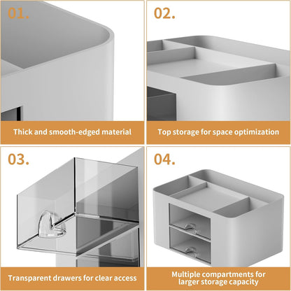 Marbrasse Pen Organizer with 2 Drawer, Multi-Functional Pencil Holder for Desk, Desk Organizers and Accessories with 5 Compartments + Drawer for Office Art Supplies (White)