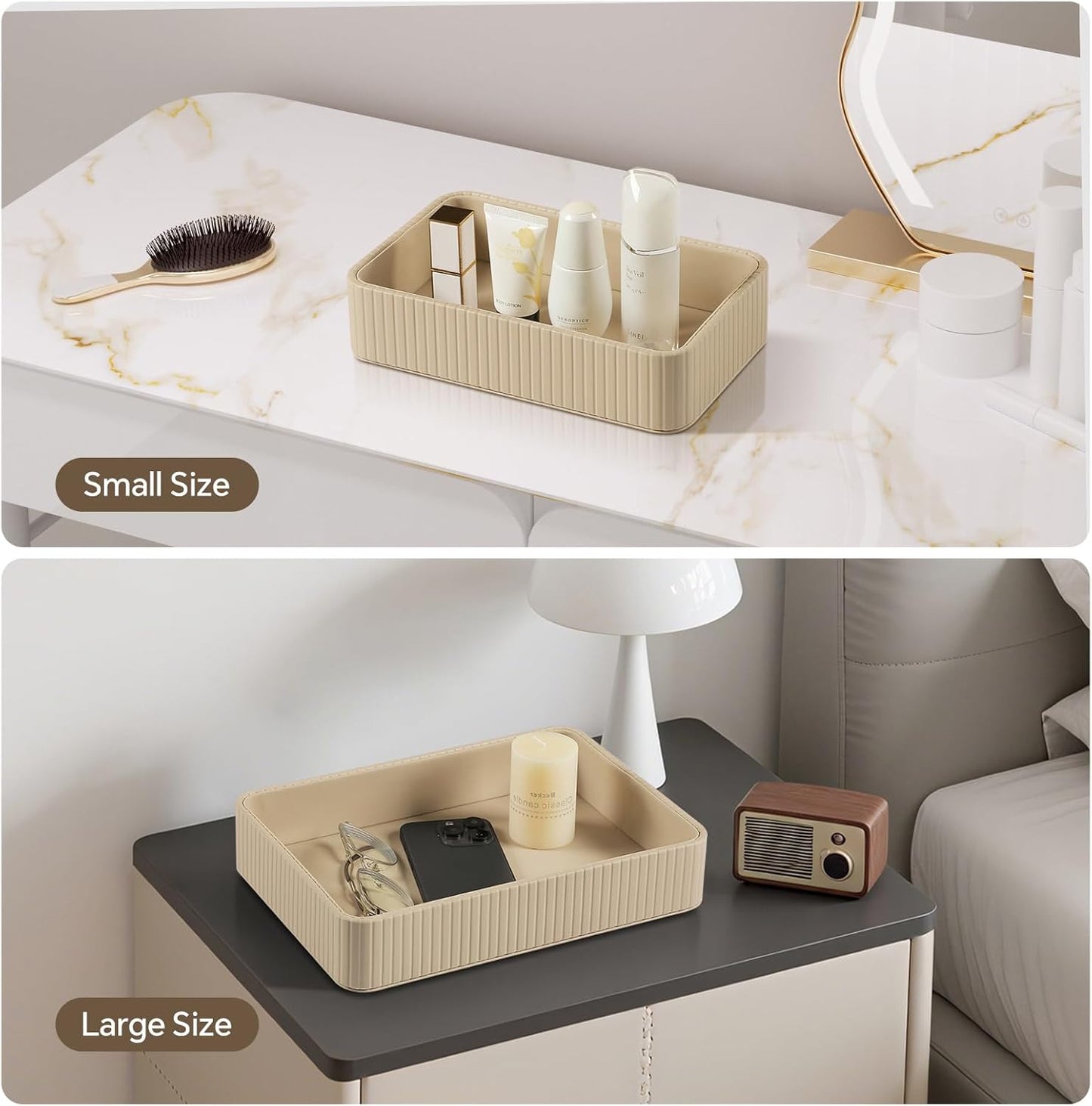 Desk Organizer Tray, PU Leather Nightstand Organizer Perfume Valet Tray for Men Women, Decorative Vanity Trays Trinket Dish Key Bowl for Entryway Table (2pcs, Ivory, Large+Small)