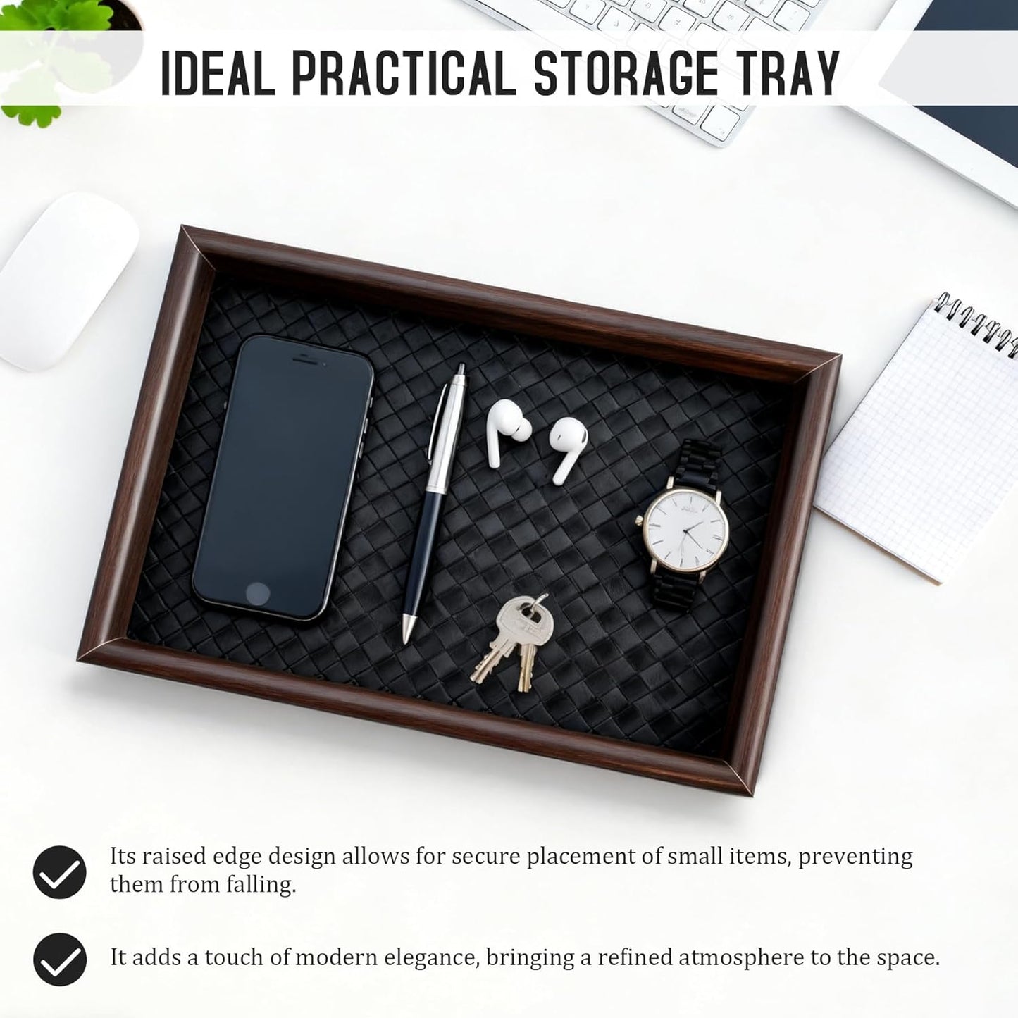 Wooden Valet Tray Desk Organizer with Leather Base,Nightstand, Entryway Bedside Dump Holder for Wallets, Keys, Watches, Jewelry & Sunglasses