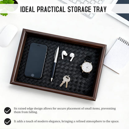 Wooden Valet Tray Desk Organizer with Leather Base,Nightstand, Entryway Bedside Dump Holder for Wallets, Keys, Watches, Jewelry & Sunglasses