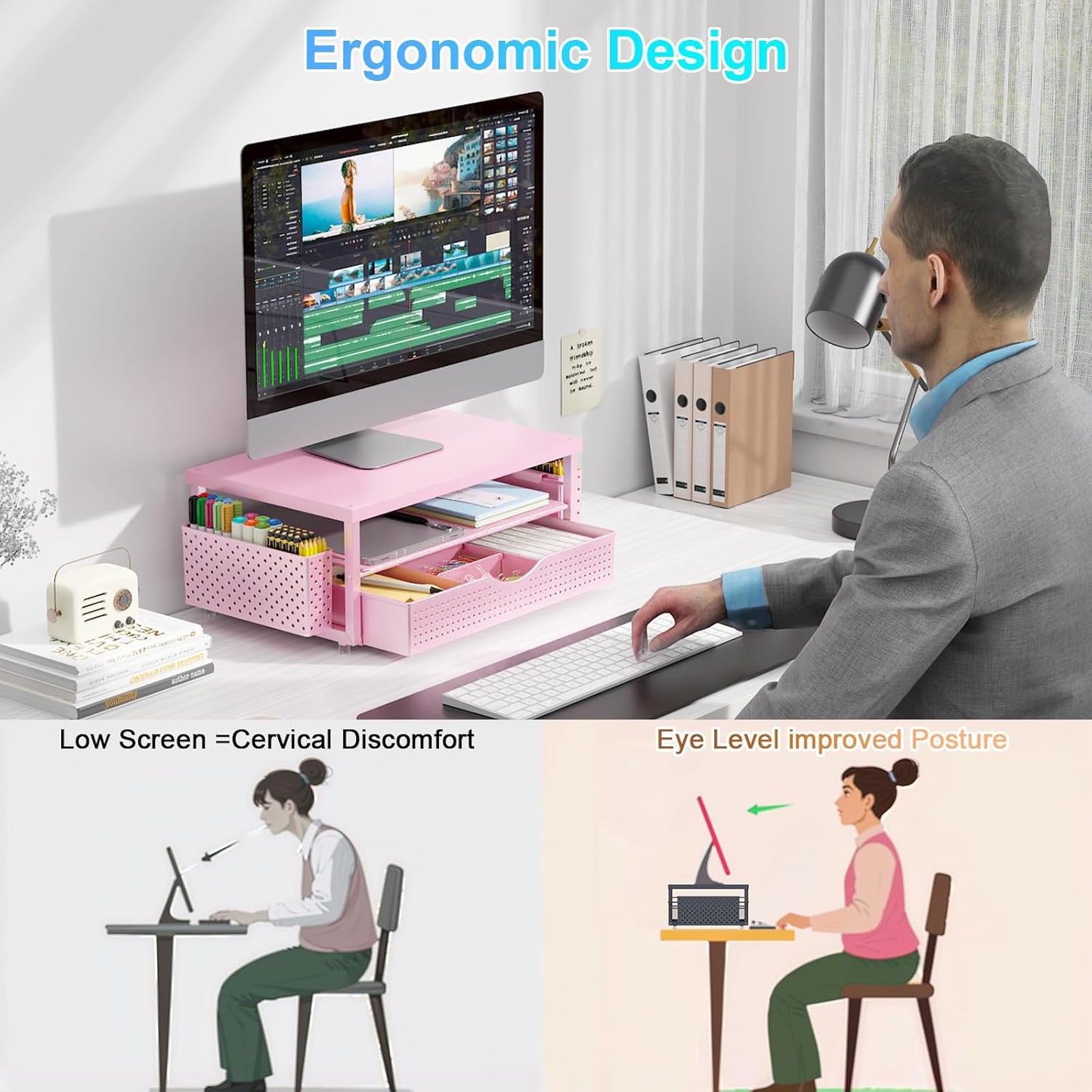 gianotter Wood Monitor Stand Riser, Office Desk Shelf Organizer, Desk Organizer with Drawer and Pen Holder, 2-Tier Computer Stand, Office Organization (Ink)