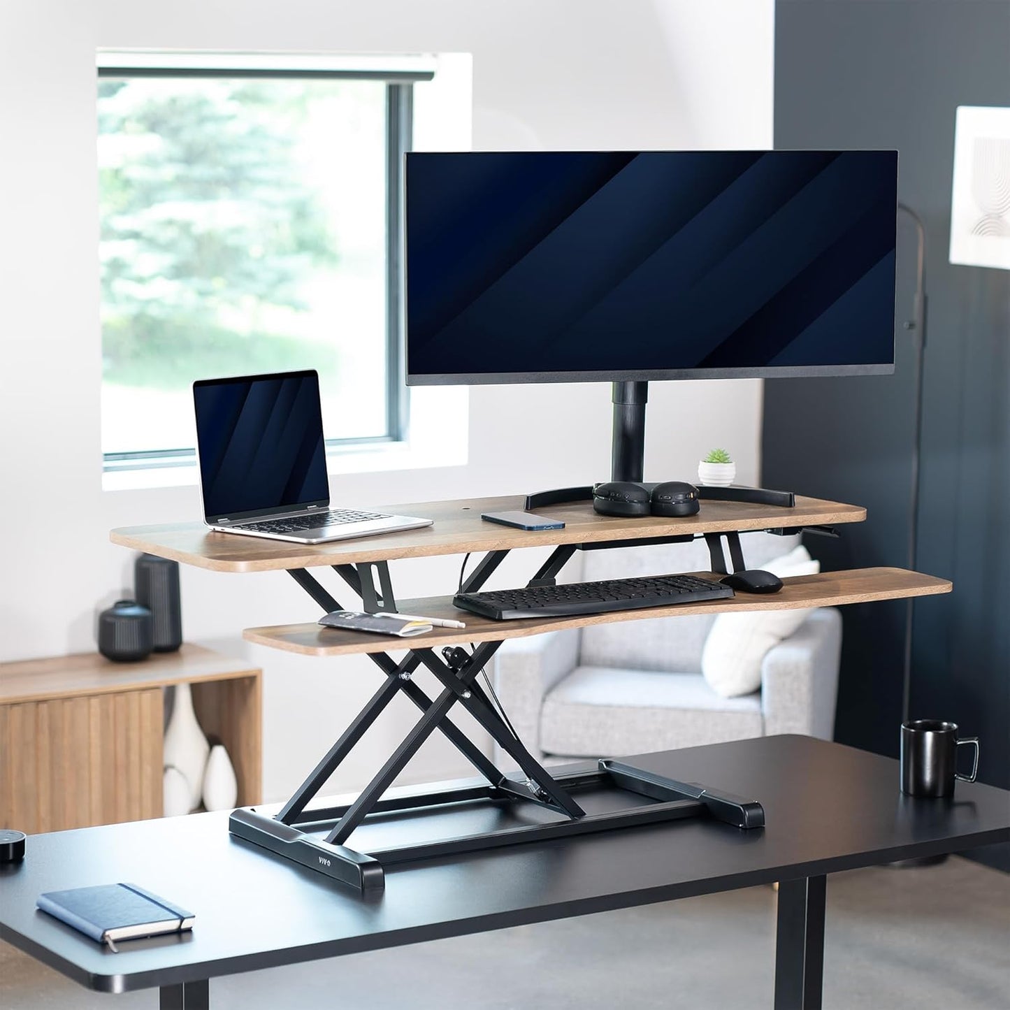 VIVO 26 inch Desk Converter, K Series, Height Adjustable Sit to Stand Riser, Dual Monitor and Laptop Workstation with Keyboard Tray, Black, DESK-V026KB