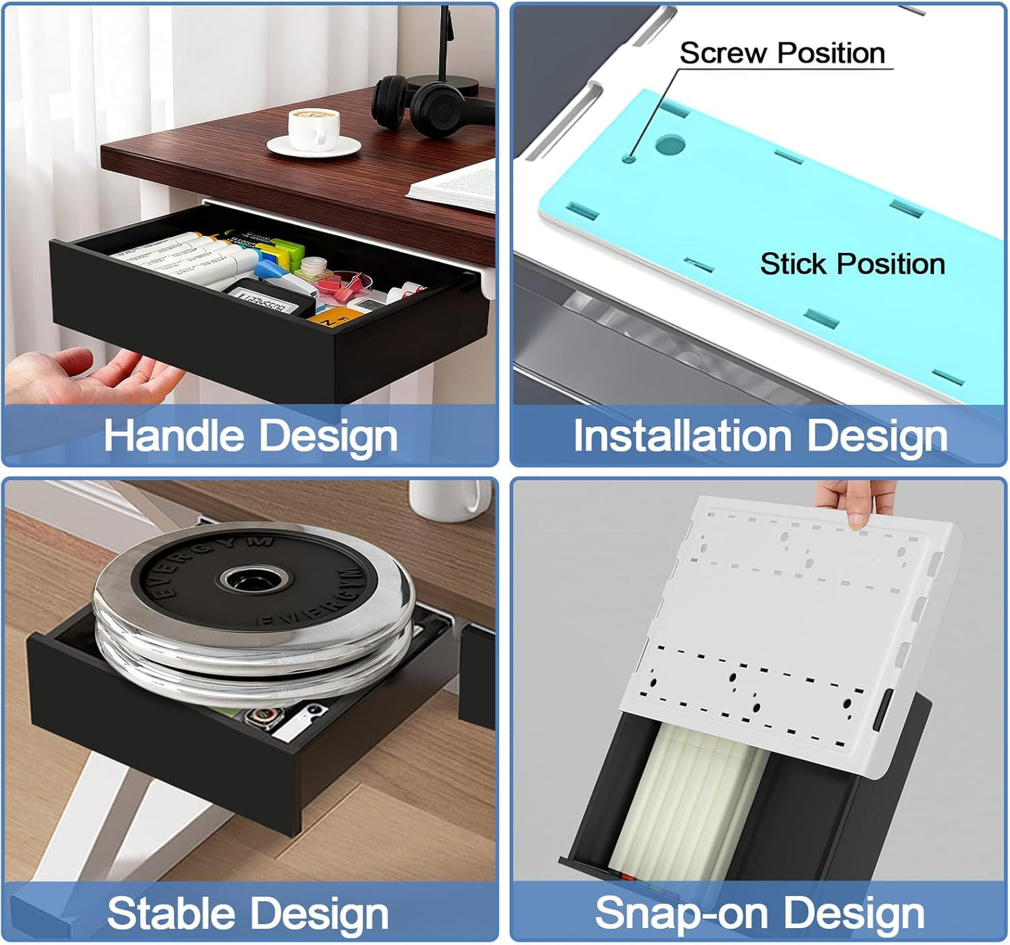 SVNNELP Under Desk Table Drawer Storage Organizer,3 Pack Large & Medium & Small Slide Out Desk Drawers - Hidden Desktop Organizer,Adhesive Storage Pencil Tray Under Table(BLACK/LMS)