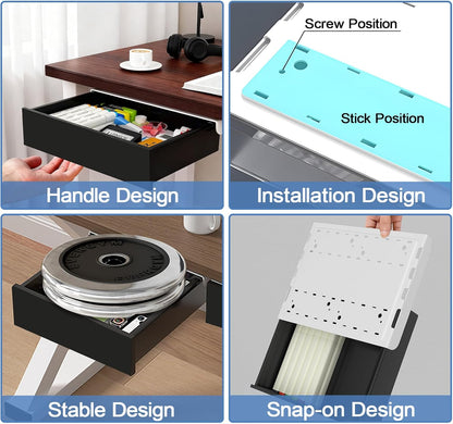 SVNNELP Under Desk Table Drawer Storage Organizer,3 Pack Large & Medium & Small Slide Out Desk Drawers - Hidden Desktop Organizer,Adhesive Storage Pencil Tray Under Table(BLACK/LMS)