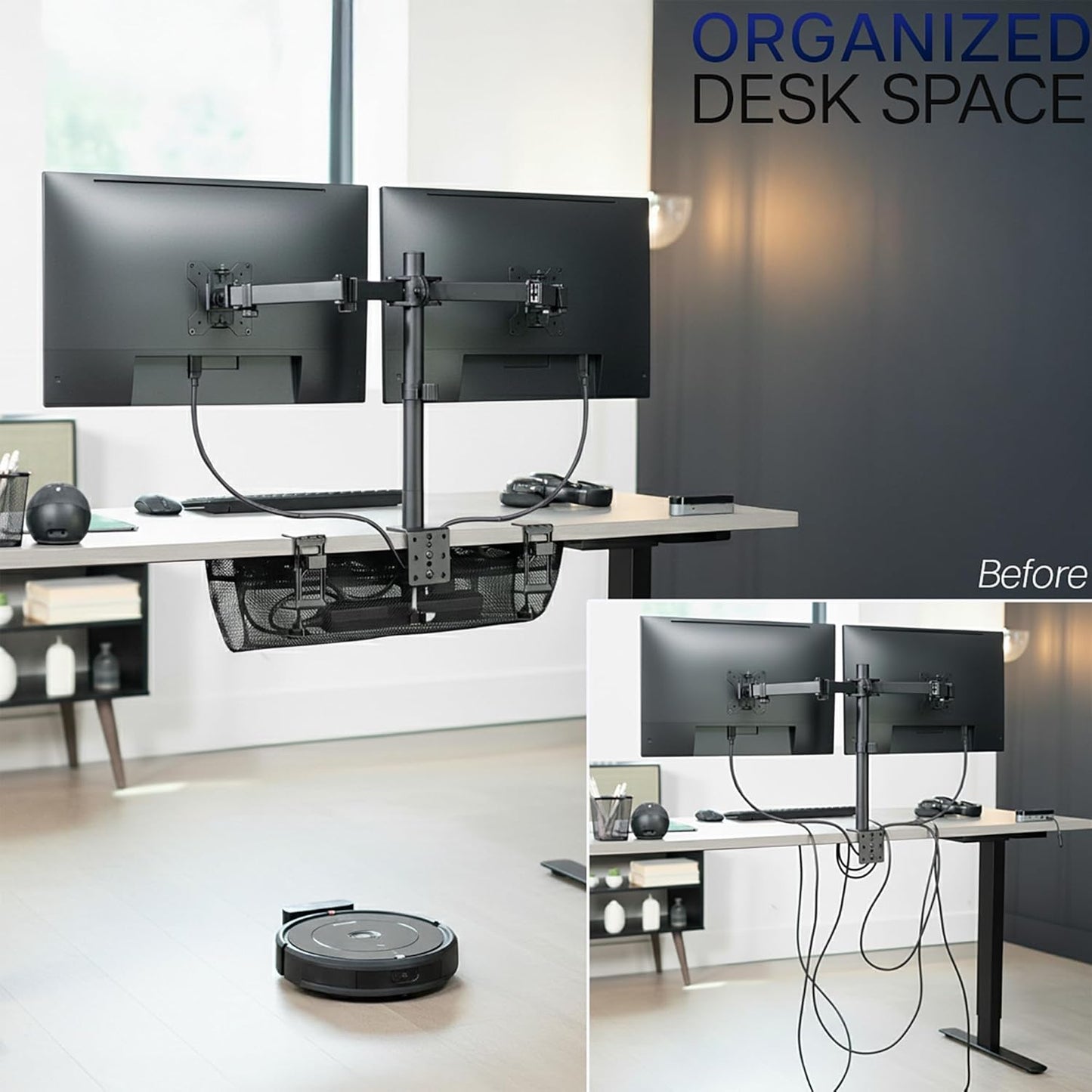 VIVO No Drill Clamp-on 36 inch Mesh Net Under Desk Cable Management Wire Organizer, Adjustable Home Office Standing Desk Cord Storage Sleeve, Black, DESK-AC36MH