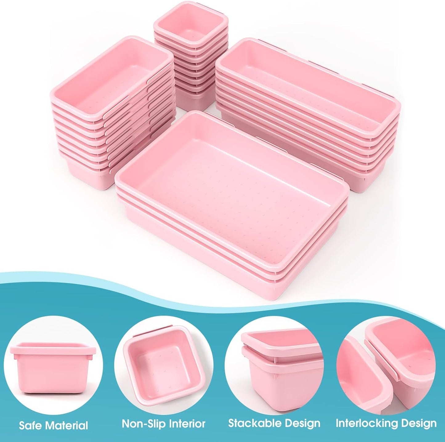 StoreHappily 10 PCS Drawer Organizer Set, 4 Size Makeup Drawer Divider Organizer With Non-Slip Pads, Interlocking Plastic Storage Bins for Office,Jewelry Vanity,Gadgets, Bathroom,Kitchen, Black