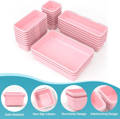 StoreHappily 10 PCS Drawer Organizer Set, 4 Size Makeup Drawer Divider Organizer With Non-Slip Pads, Interlocking Plastic Storage Bins for Office,Jewelry Vanity,Gadgets, Bathroom,Kitchen, Black