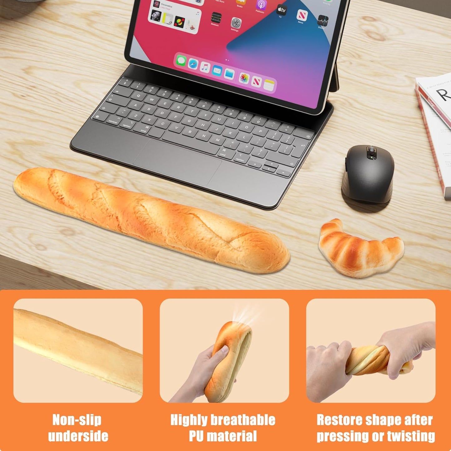 Soft Toast Bread Baguette Shape Anti-Skid Keyboard Wrist Rest Support & Mouse Wrist Support for Office,Computer,Laptop& Mac