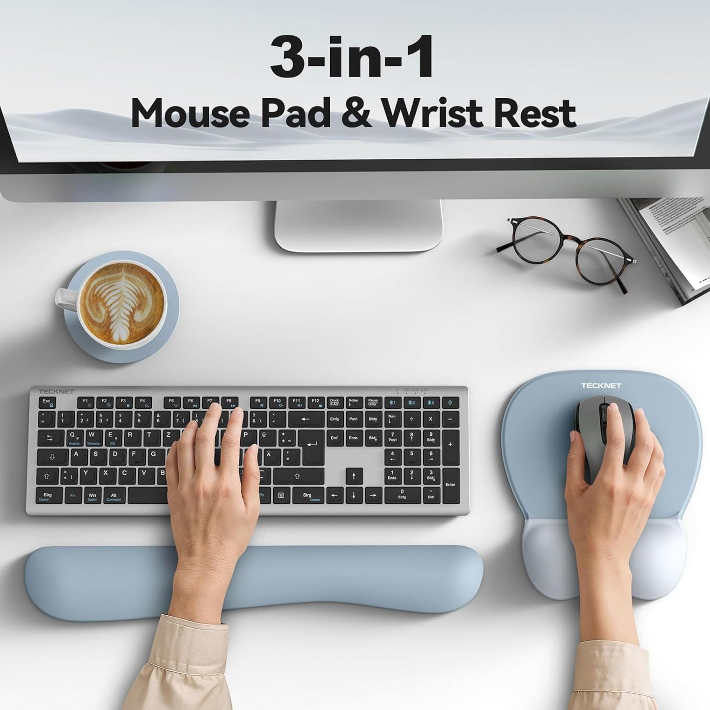 TECKNET Gel Mouse Pad with Wrist Rest, 3 in 1 Keyboard Wrist Rest for Pain Relief, Non-Slip PU Base & Easy Typing, Ergonomic Mousepad Set for Office & Home（Black）
