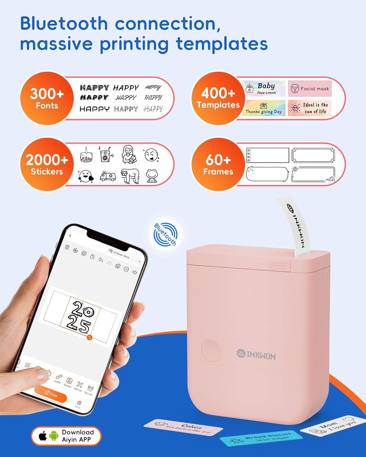 D110 Label Maker Machine with Tape, Bluetooth Mini Label Maker with Various Templates, Wireless Portable Small Label Printer for Home, Office, Schoo, Pink